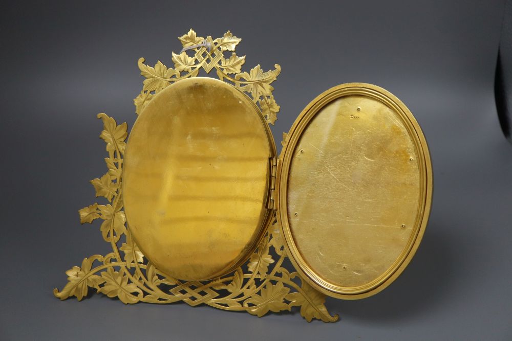 A Victorian ormolu triptych photograph frame, with banded agate mounts, height 23cm